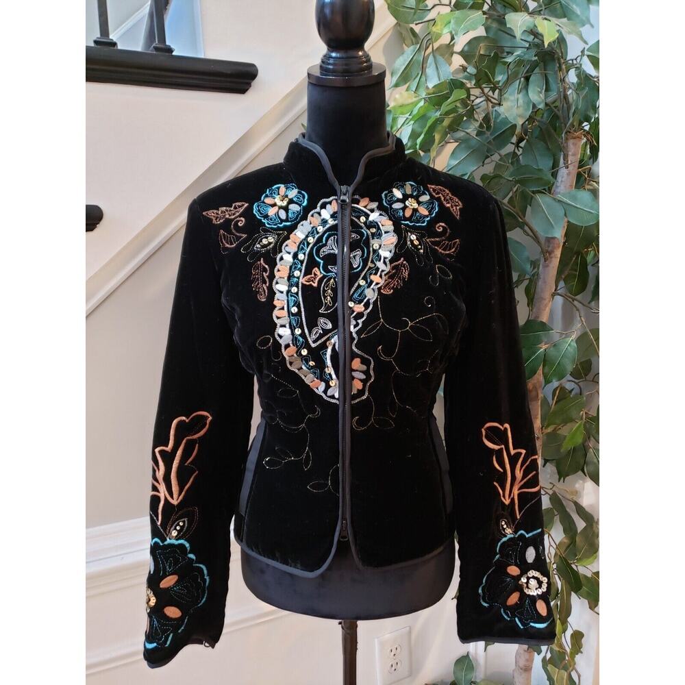 Harve Benard Womens Black Velvet Floral Embroidered Sequin Zip Blazer Jacket 10P